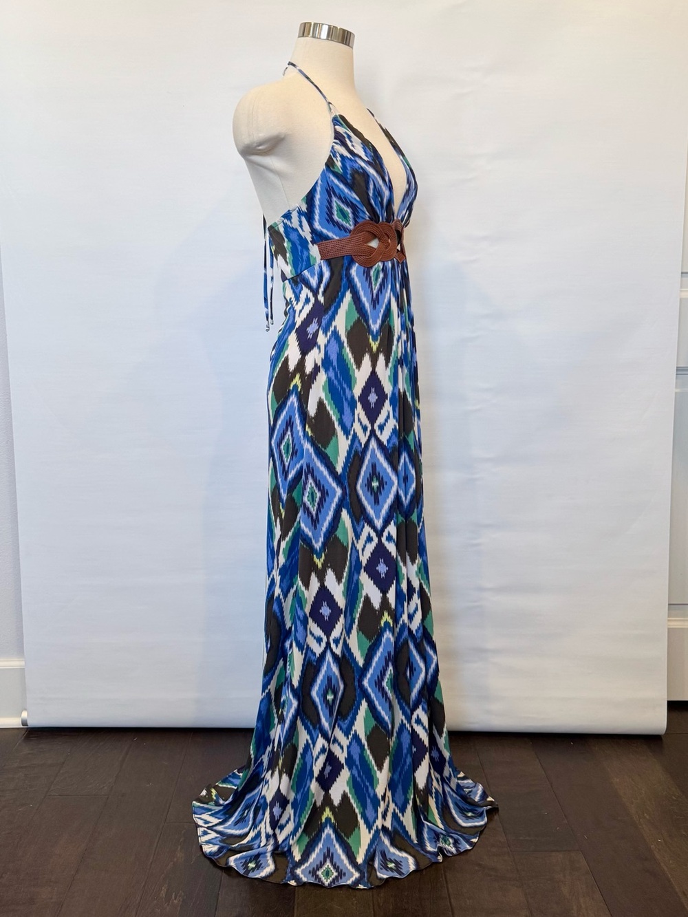 SKY IKAT Blue Brown Leather Braid Belt Keyhole Halter Maxi Gown Slip Dress NWOT - Picture 9 of 11